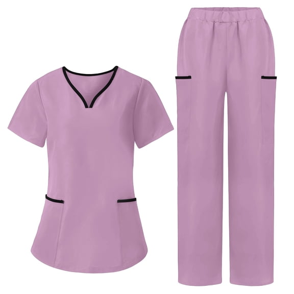 SBYOJLPB Women's Scrub Set Color-blocked Short-sleeved V-neck Tops Pocket and Trousers Loose-fitting Uniform Set