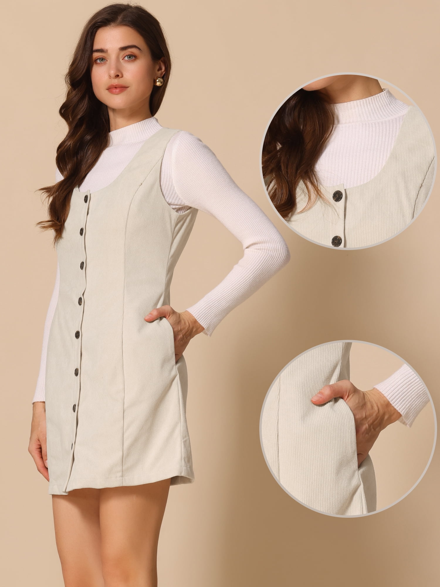 DARING DIVA Corduroy Button Down Pinafore Overall Dress XL Beige
