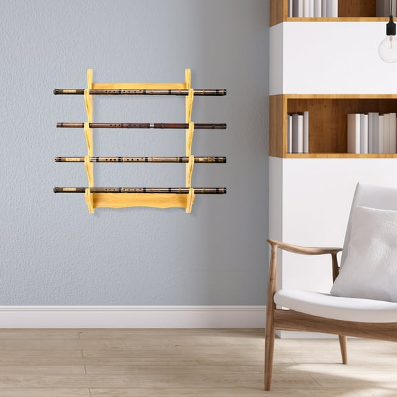Bamboo 4-Layer Wall-Mounted Display Rack for Katana, Sword, Flute & Collectibles, 35x51cm, Elegant Pavilion Design