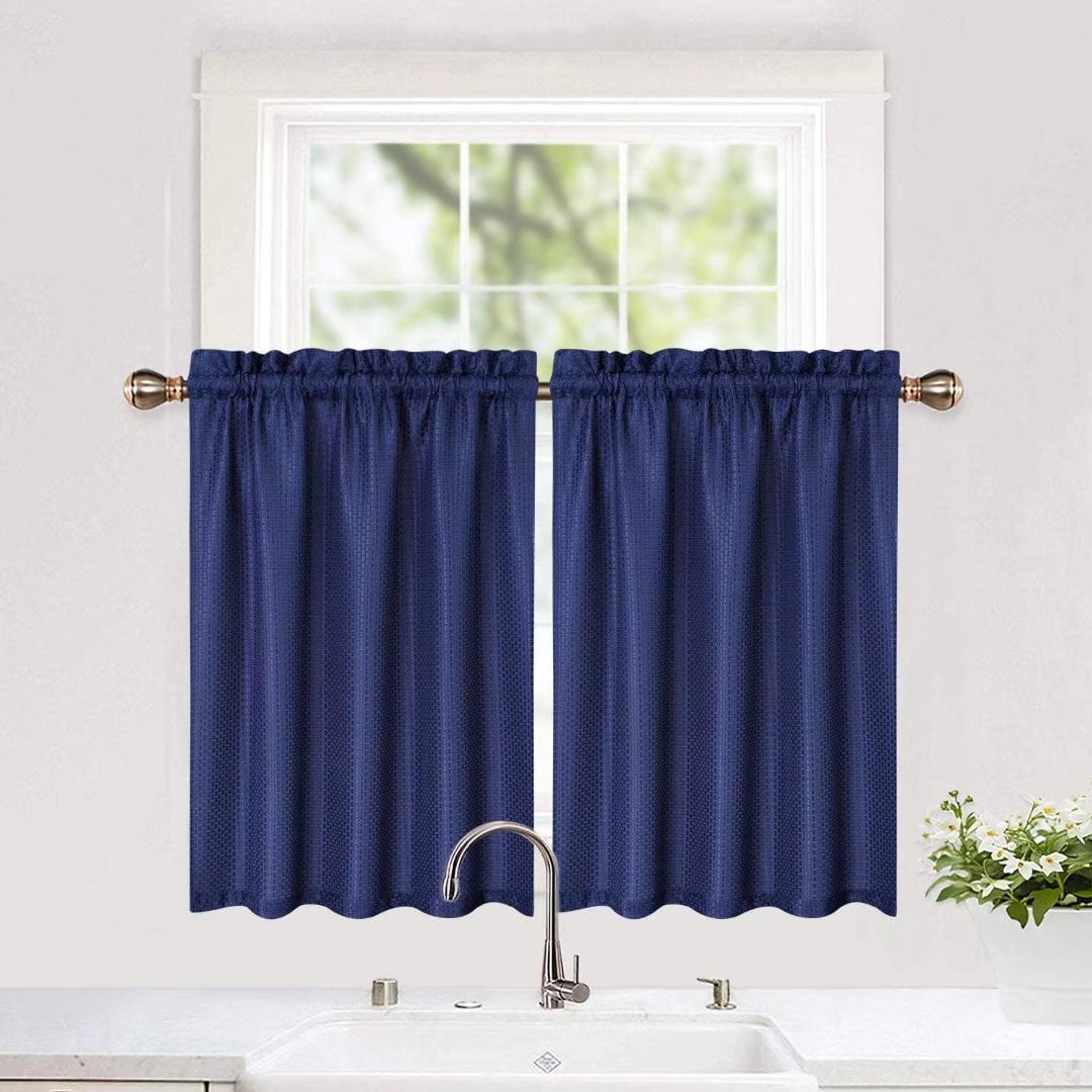 Haperlare 30"Wx36"L Navy Blue Cafe Curtains Waffle Farmhouse Curtain