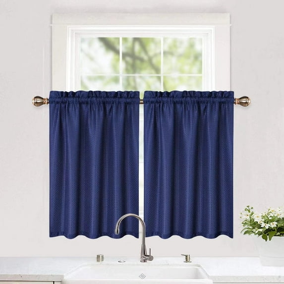 Haperlare 30"Wx36"L Navy Blue Cafe Curtains Waffle Farmhouse Curtain Light Filtering Waterproof Window Covering Curtain for Kitchen, Set of 2