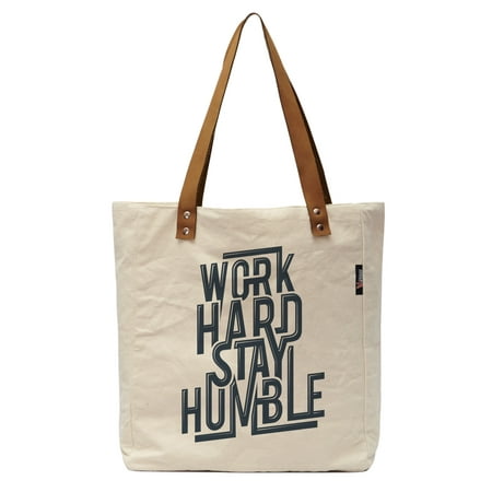 Work Hard Stay Humble Beige Printed Canvas Tote Bags Leather Handles