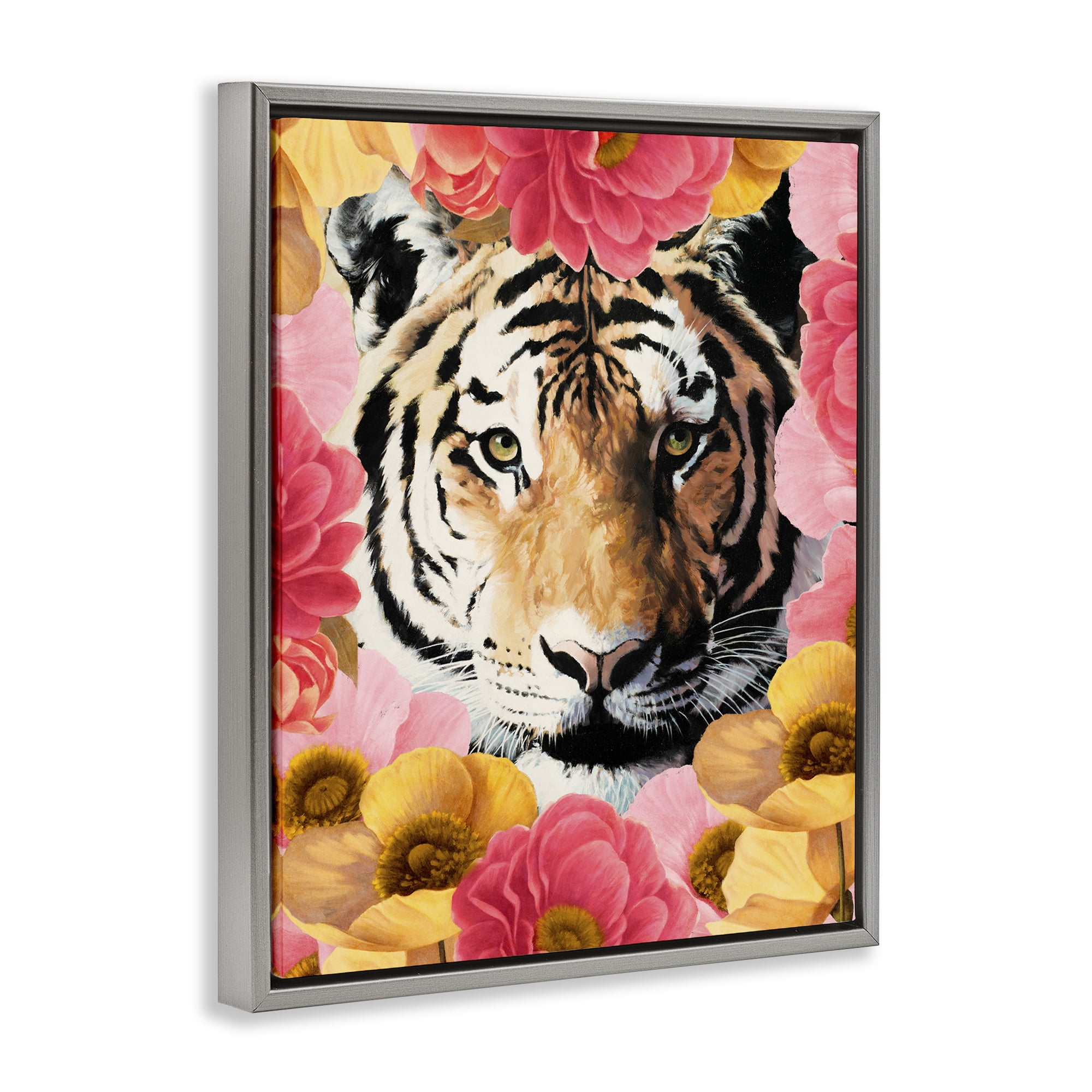 Stupell Industries Tiger on Dahlia Florals Animals Painting Gray Floater Framed Canvas Art Print Wall Art, 25 x 31