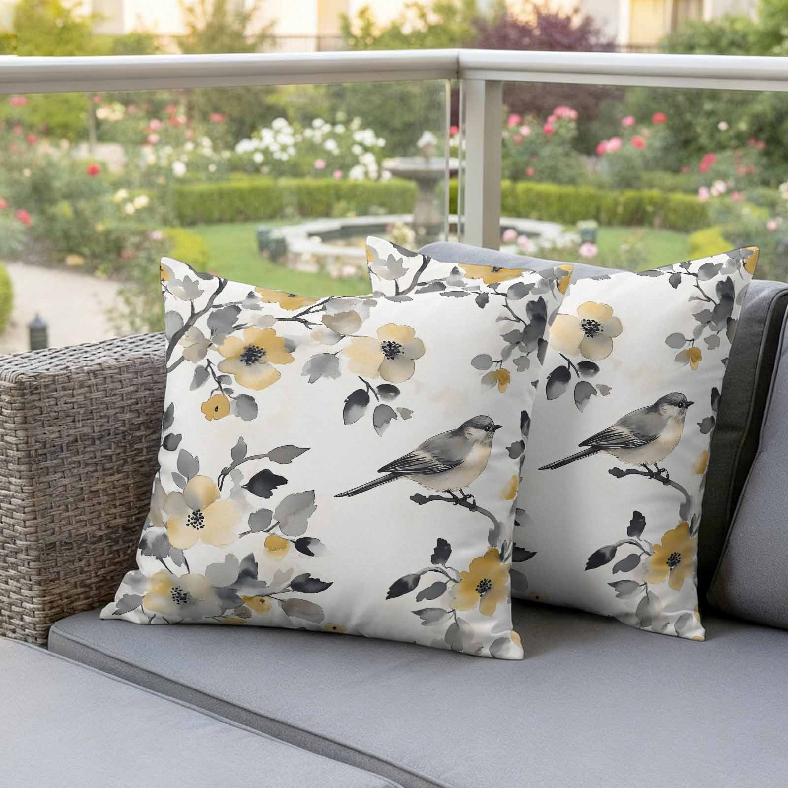 Pastoral Flower Pillow Covers 2 Pack Gray Leaf Yellow Flowers Bird Farmhouse Pillowcase Waterproof Outdoor Throw Pillow Cover for Patio Garden Square Cushion 18”x18”