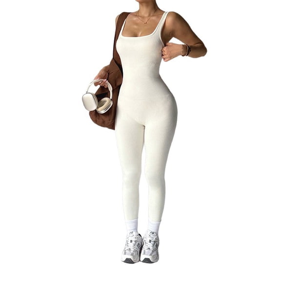 Women’s Ribbed Yoga Jumpsuit One-Piece, Stretchy Backless Fitness Bodysuit with Long Pants, High Elastic Activewear for Yoga, Gym, Workout and Outdoor Training