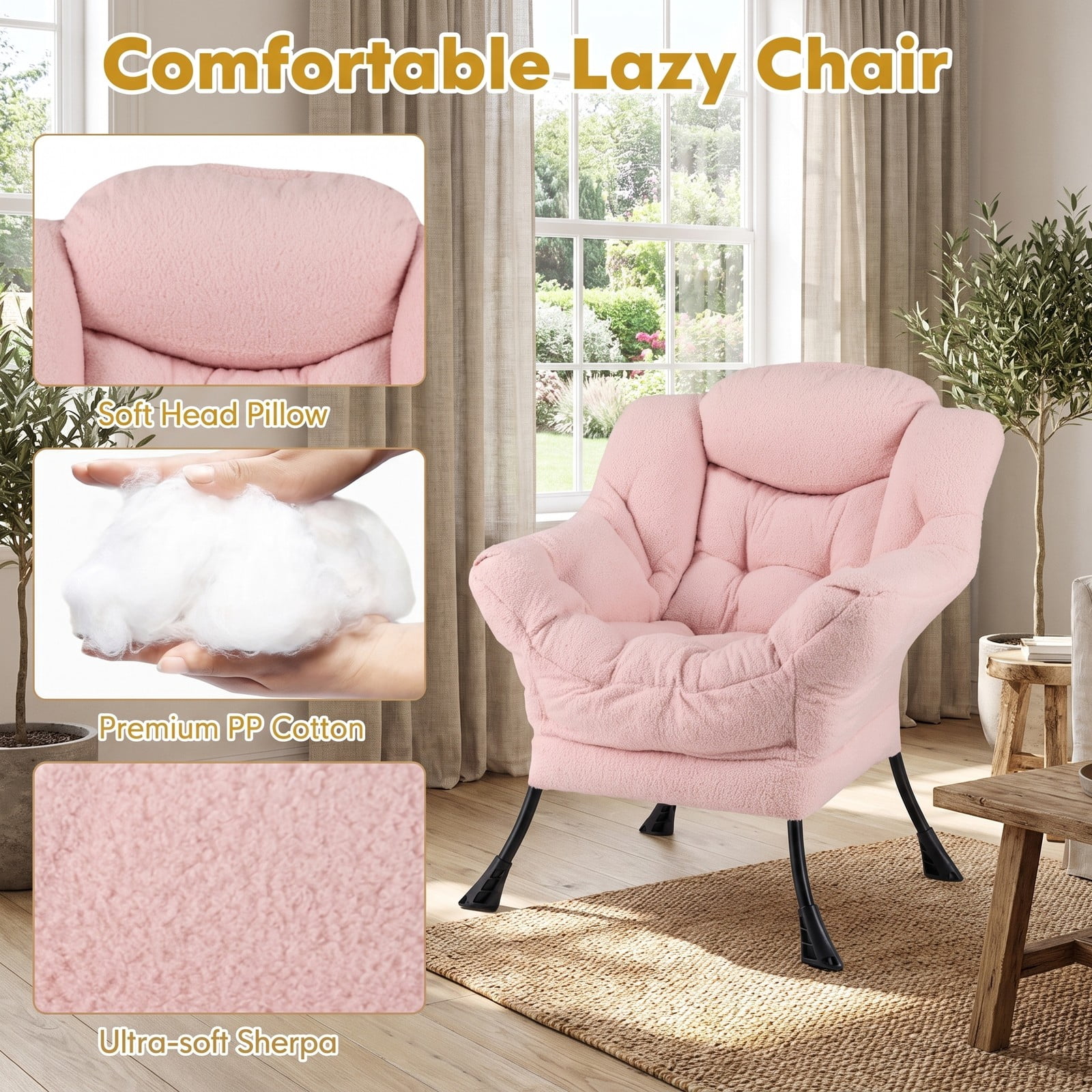Furnibear Modern Accent Chair with Folding Footrest and Head Pillow, Sherpa Upholstered Ergonomic Living Room Lounge Armchair with Ottoman, Side Pocket and, Pink