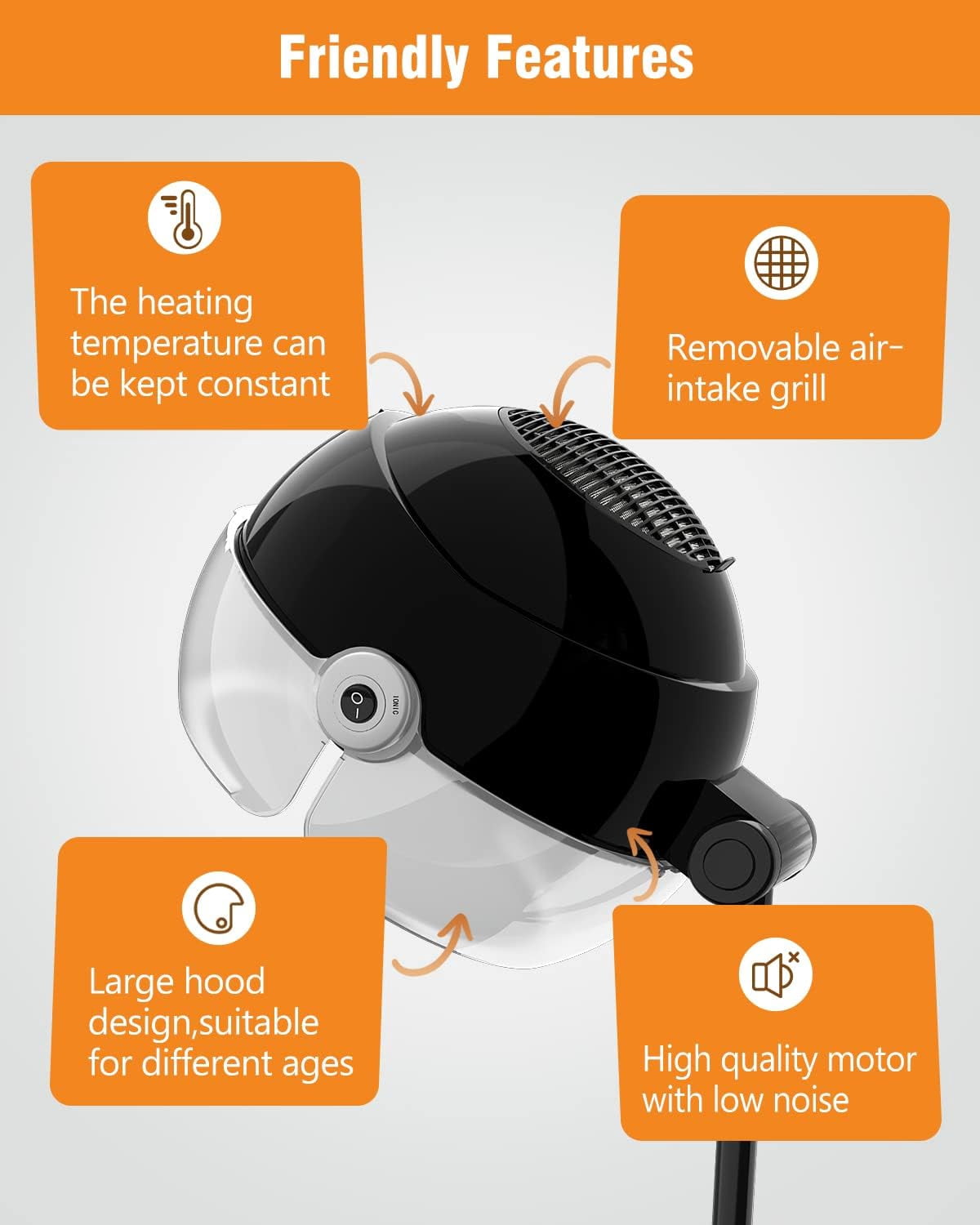 1875W Ionic Hooded Hair Dryer Professional Bonnet Standing Hair Dryer for Home Salon