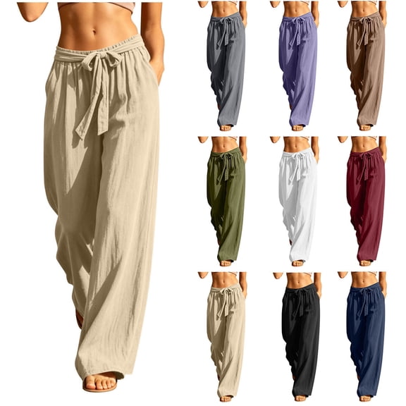 Women's Summer Cotton‑Linen Harem Pants Solid‑Color Drawstring Elastic Waist Loose Casual Long Trousers with Side Pockets Khaki XL(XL)