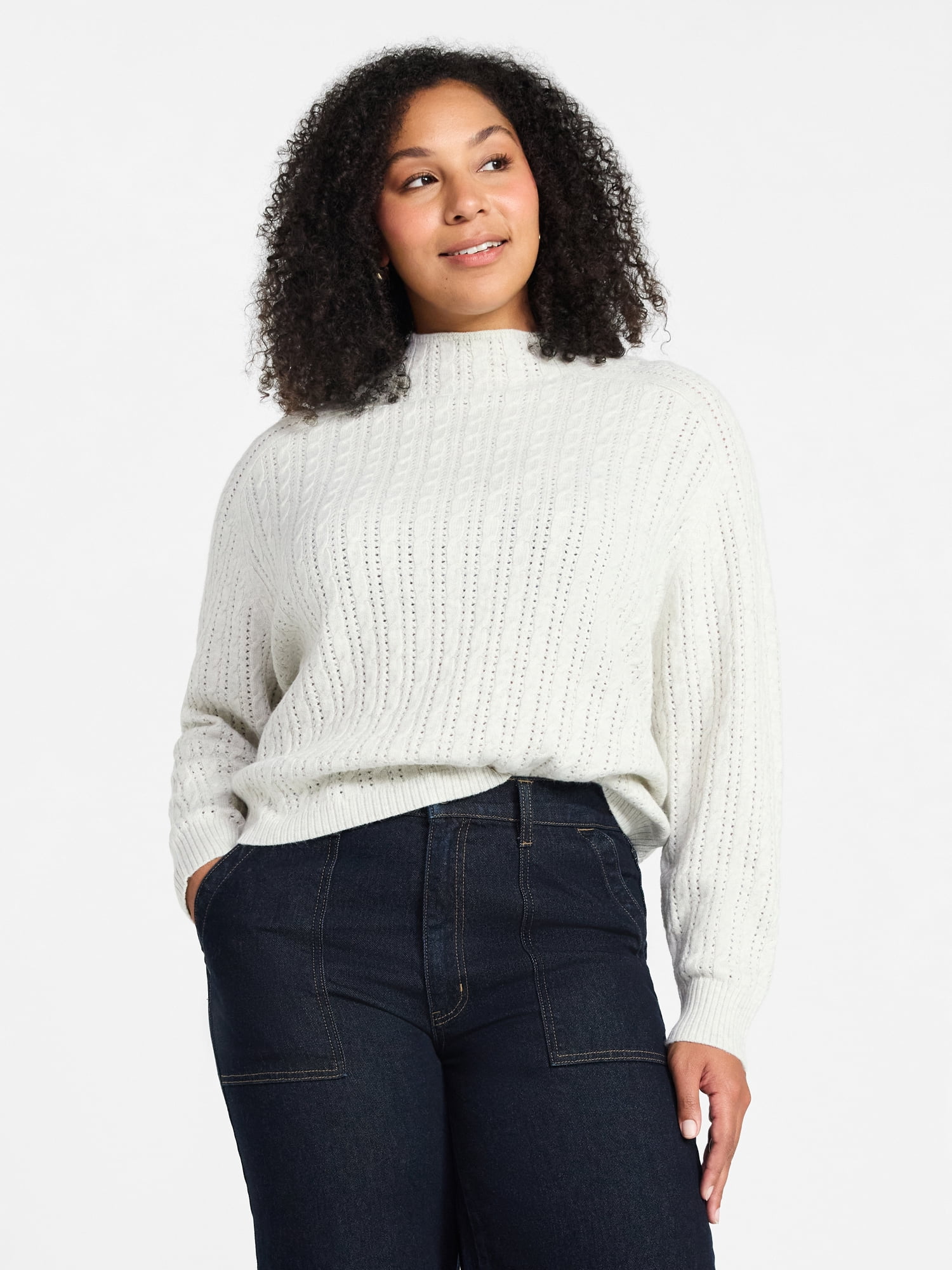 Time and Tru Women's Pointelle Mock Neck Sweater with Long Sleeves, Lightweight, Sizes, XS-XXXL
