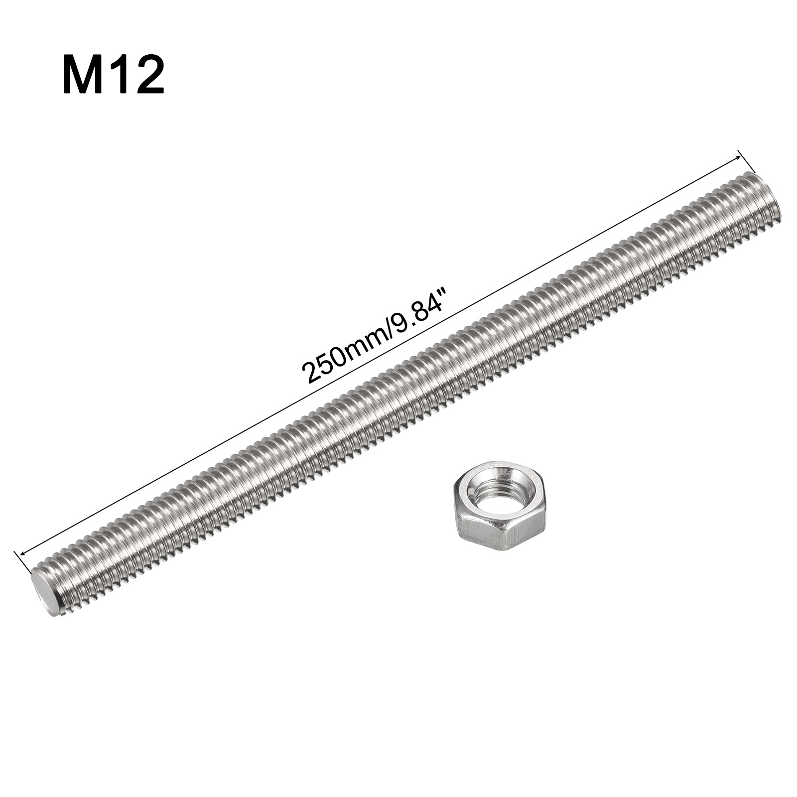 Uxcell 15Pack M12 x 250mm Fully Threaded Rod w 15Pack Hex Nuts, 1.75mm Pitch 304 Stainless Steel Right Hand Threaded Rod