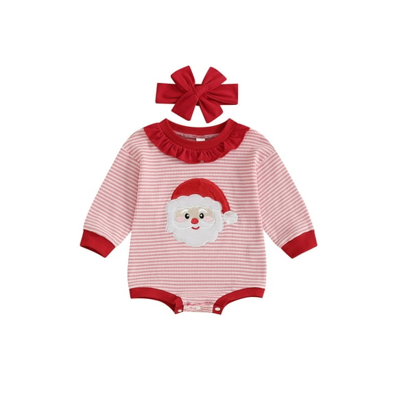 Miaouyo Infant Baby Girl Christmas Fall Romper 0 3 6 12 18 Months Long Sleeve Stripe Print Santa Claus Embroidery Jumpsuit with Headband