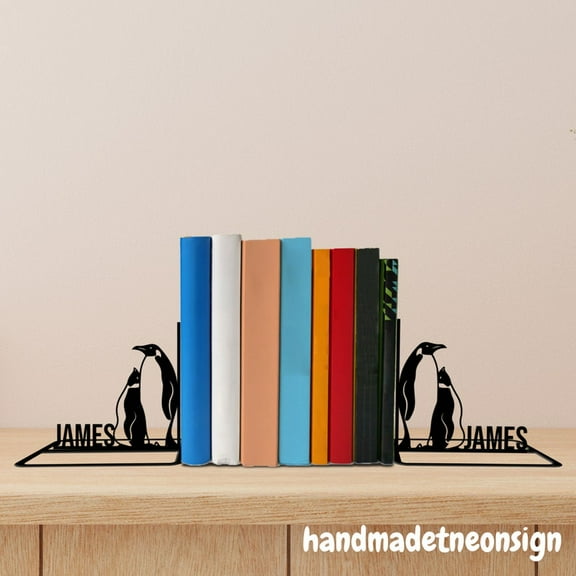 Handmadetneonsign Custom Penguin Metal Bookends, Bookworn Name Bookend, Bookshelf Decor, Book Stand 69053