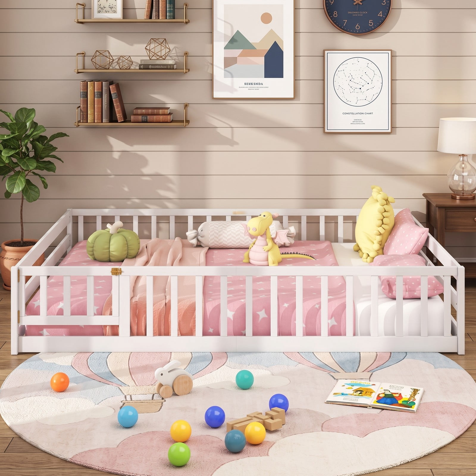 Furnibear Queen Size Bed Frame Montessori Floor Bed for Kids, House Bed with Full Length Guardrails and Lockable Gate, Wood Queen Bed Frame, White
