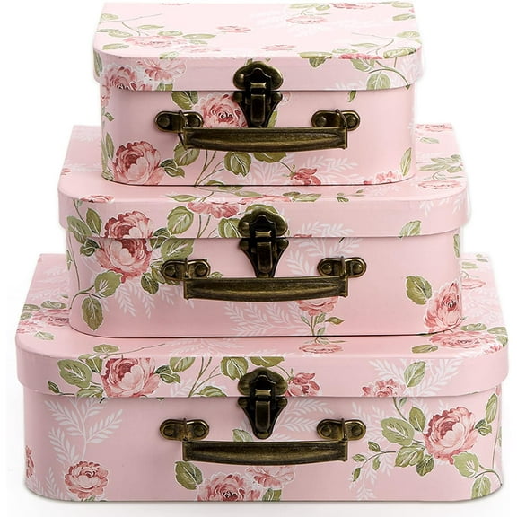 3 Pack Paperboard Suitcases Storage Box With Lids - Decorative Gift Boxes for Photo Storage, Home Decoration, Wedding, Birthday, Anniversary - Pink