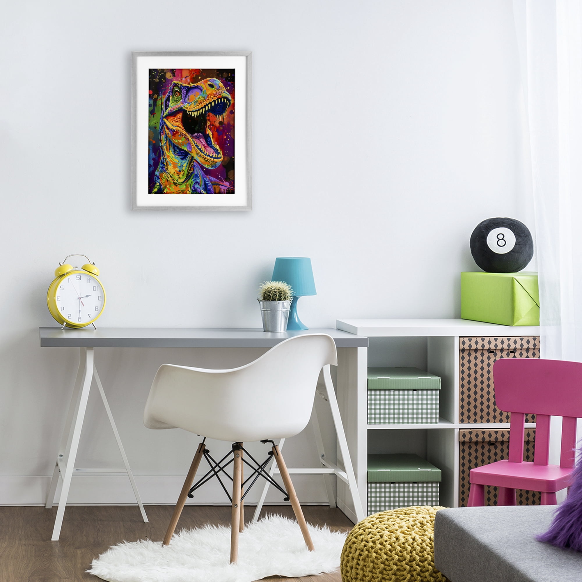 Stupell Industries Paint Splatter Urban T-Rex Gray Framed Print Under Glass, design by Creative Studio