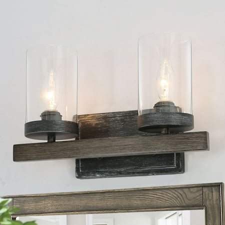 

LNC 2-Light Farmhouse Bathroom Vanity Light Antique Silver&Wood Finish