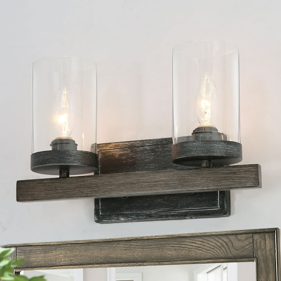 LNC 2-Light Farmhouse Bathroom Vanity Light,Antique Silver&Wood Finish
