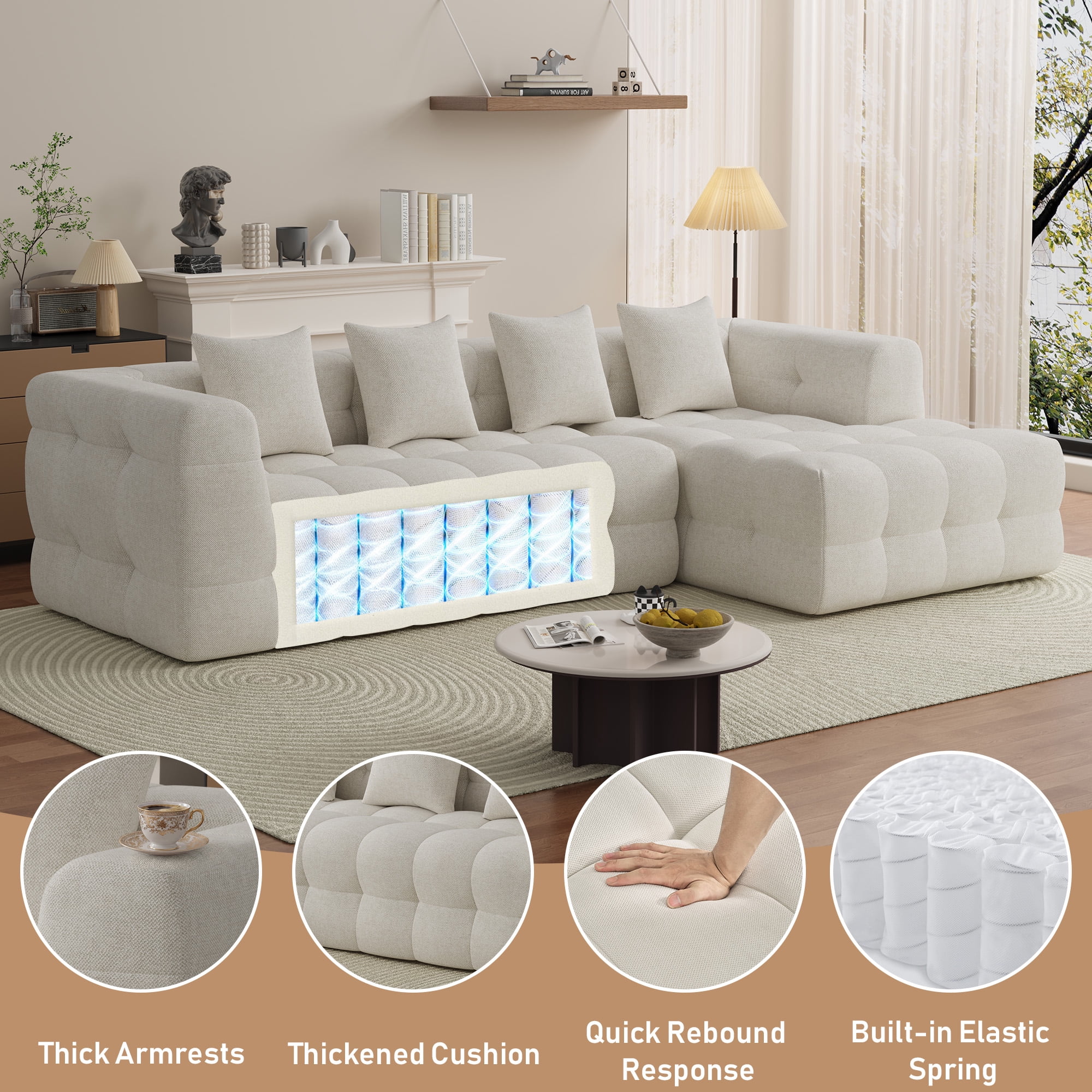 Wiilayok 120" Boneless Oversized Cloud Couch, Right Facing L-Shaped Chenille Sectional Sofa with Chaise Lounge, Deep Seat Upholstered Living Room Sofa with 4 Pillows, No Assembly, Beige