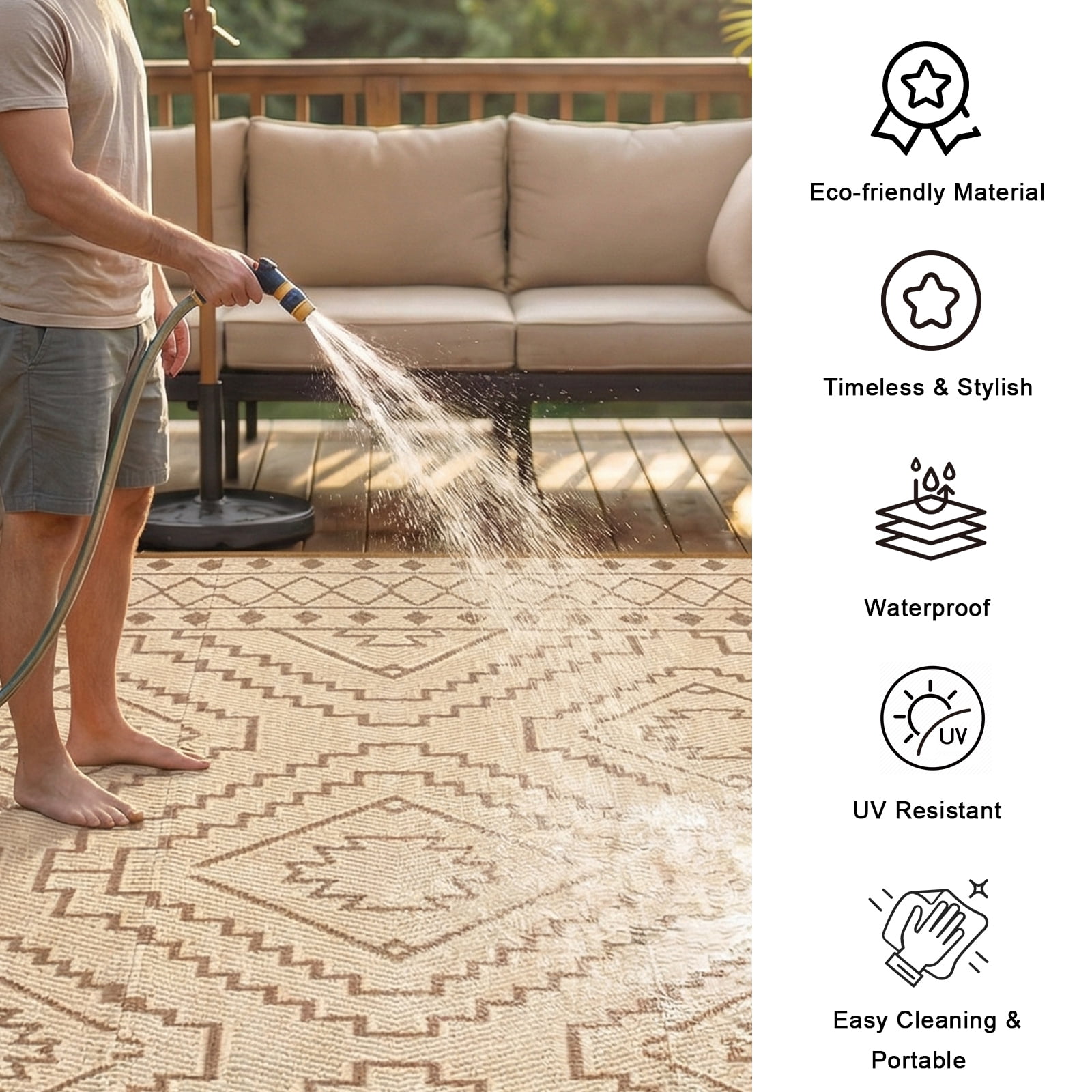 Lahome Portable Indoor/Outdoor Rug 6x9 - Waterproof & Reversible Plastic Straw Mat for Patio, Deck, Balcony, Backyard, Picnic, Beige & Brown