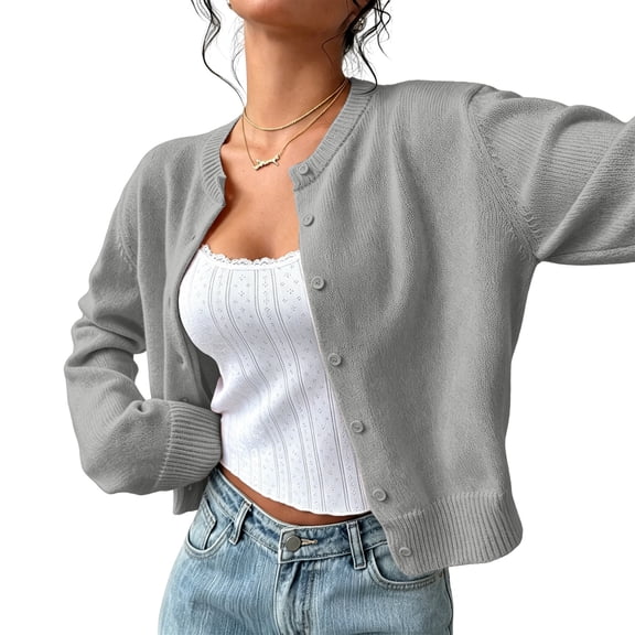 Dwellite Women's Cardigan Sweater Lightweight Soft Knit Long Sleeve Crew Neck Button Down Dressy Cute Spring Fall Business Casual Work Travel Tops Gray S
