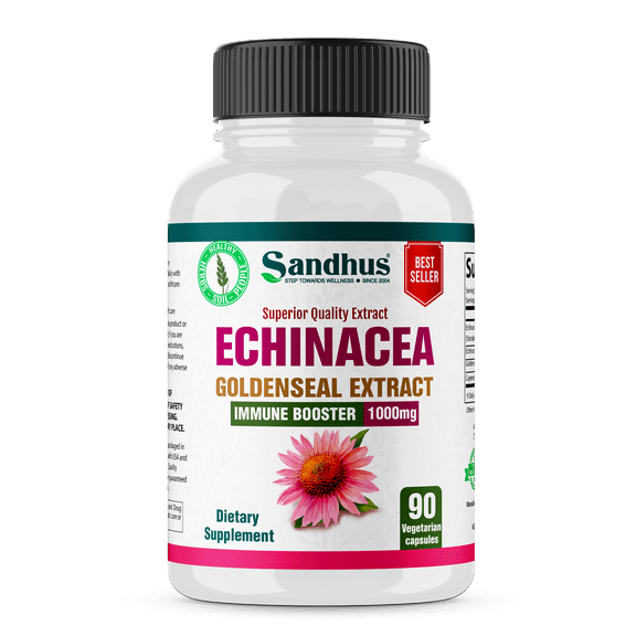 Sandhus Echinacea Goldenseal - Immune Booster Supports Immune and Respiratory Health 1000 mg per Serving Vegetarian Capsules 90 Ct