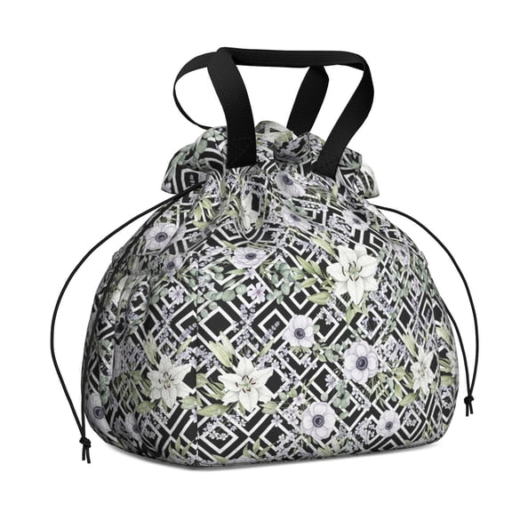 Pioneer Flower Floral Print Pattern Drawstring Lunch Bag Women - Drawstring Lunch Bag Insulated for Work Office - Stain-Resistant Large Lunchbags for Women with Multi-Pockets