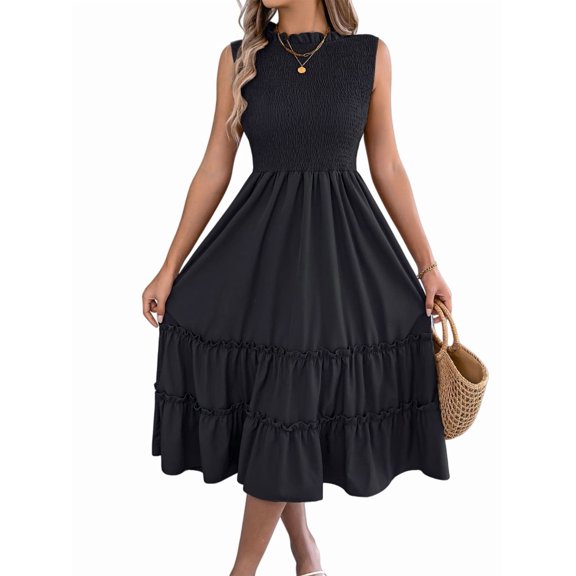Women'S Ruffle Trim Flutter Sleeve Midi Dress Pleated Crew Neck Tiered Smocked Flowy Dresses Black S