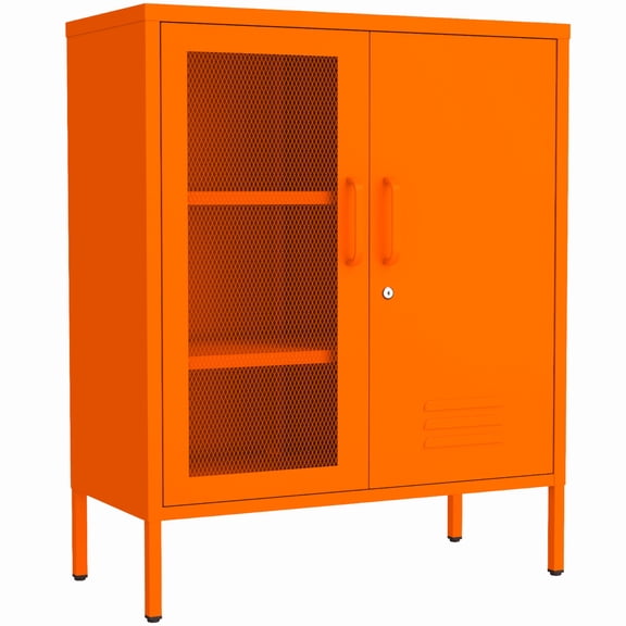 Accent Cabinet Locker, Lockable Storage Cabinet with Mesh & Metal Doors, 3-Tier Heavy Duty Steel Cabinet with 2 Adjustable Shelves, for Living Room, Home Office Orange 33"H x 29.5"W x 13.8"D