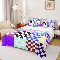Manfei Cute Flowers Twin Sheet Sets,Classic Geometric Checkered Twin Fitted Sheet,Colorful Plaid Grid Flat Sheet For Girls Kids,Ultra Soft Home Decor,3 Pieces