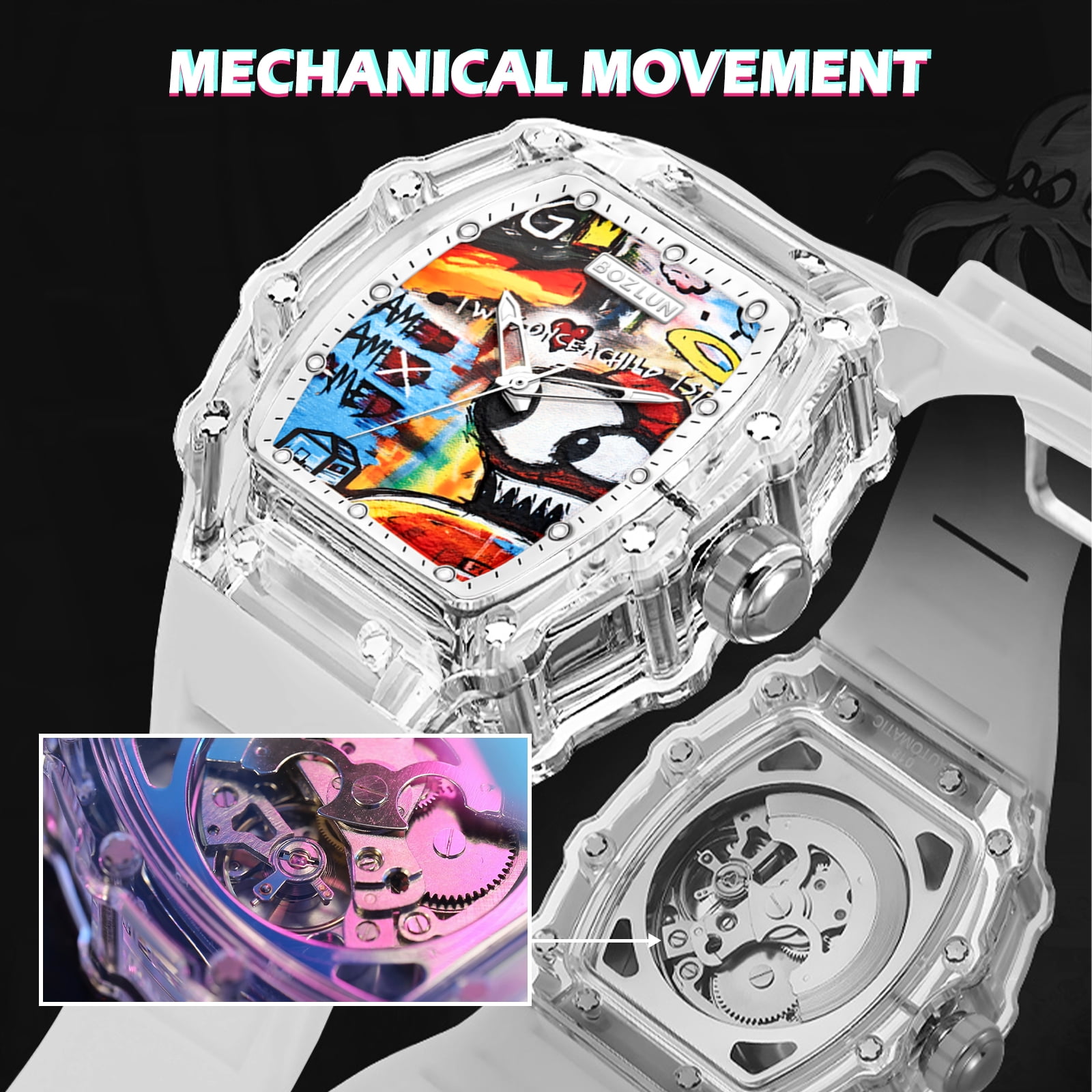 BOZLUN Men Watch Luxury Automatic Mechanical Watches Self Winding, Luminous Waterproof 3D Dial Watches for Men White
