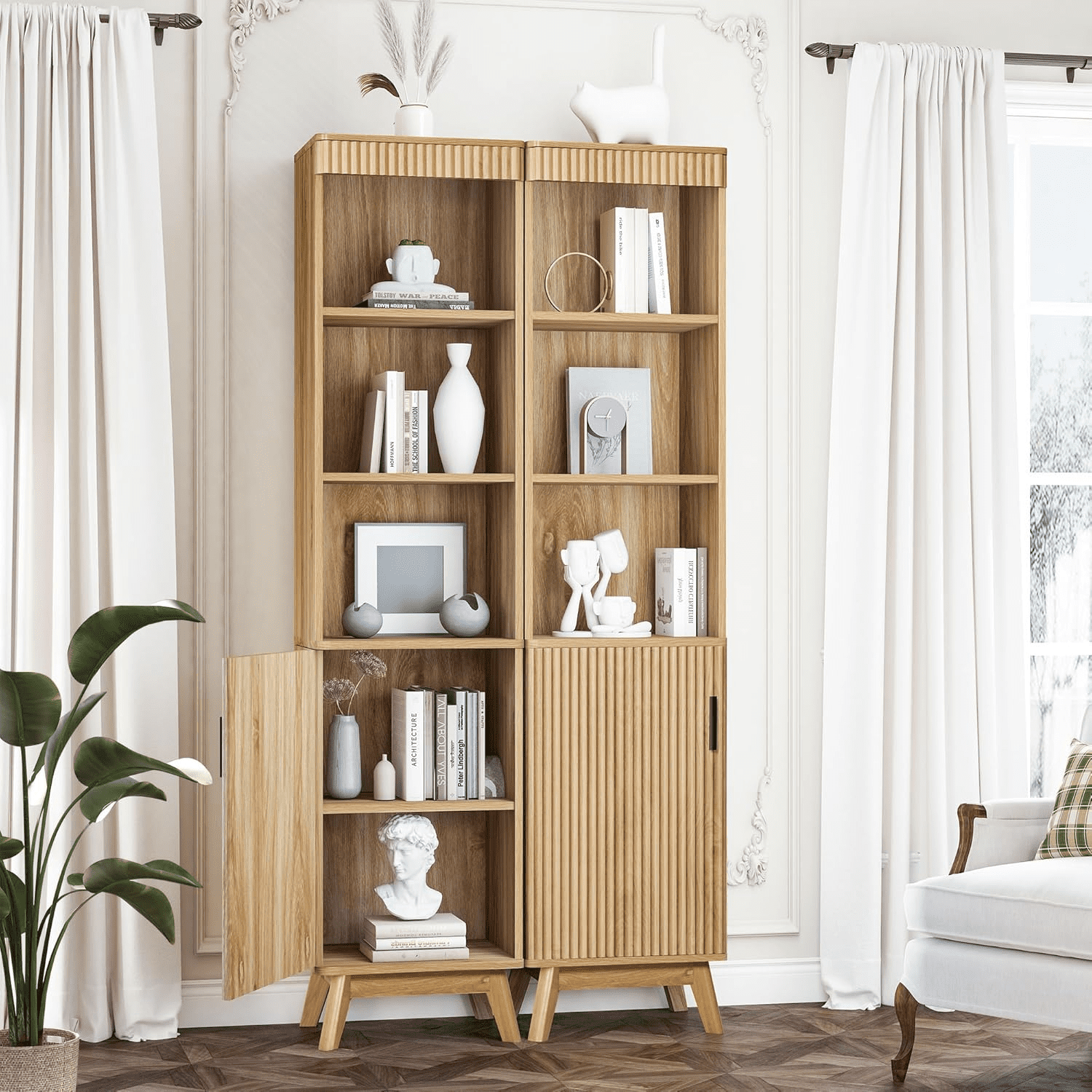 LEFHDA 68" Bathroom Storage Cabinet with Doors, Narrow Tall Fluted Cabinet, Wooden Mid-century Modern Cabinet with Adjustable Shelf, Bathroom Kitchen Living Room