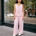 thumbnail image 2 of Ashirexll Tenues d'Été pour Filles, Chemise Décontractée Sans Manches à Col en V et Taille Cintrée avec Jeans, Ensemble de Mode 2 Pcs, 2 of 7