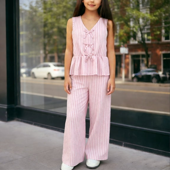 Maqroz Two Piece Sets for Girls Striped Bow Ruffle Sleeveless Top Elastic Waist Wide Leg Pants Cute Casual Loose Outfit Fashion Breathable Pleated Set Size 8-12Y