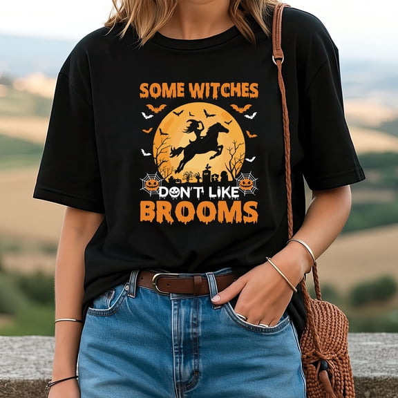 Halloween Horse T-Shirt – “Brooms Are for Amateurs” Funny Equestrian Tee for Horse Lovers & Riders