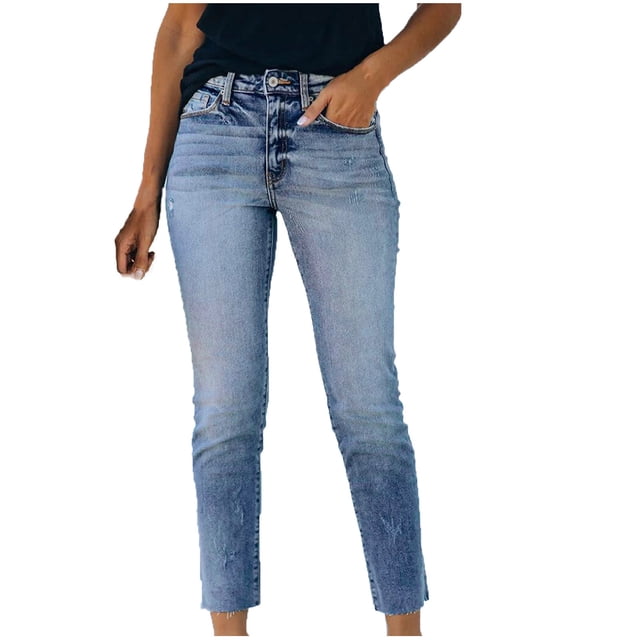 Moda Mujer Bolsillos Botón Cintura media Flaco Ripped Jeans Pantalones Agujero Pantalones de mezclilla Fridja hfkajh100369