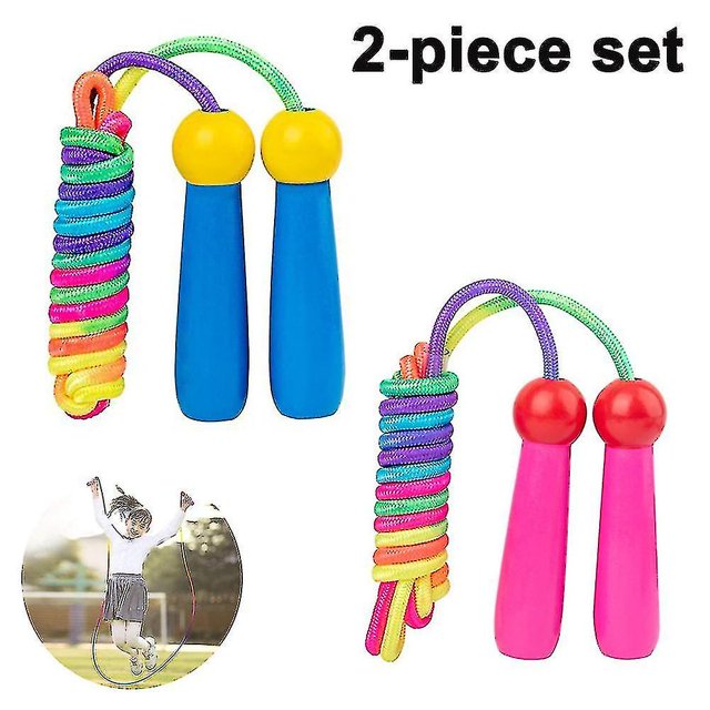 Cuerda para saltar para niños con mangos de madera, cuerda para saltar arcoíris (2 piezas, azul, rosa)