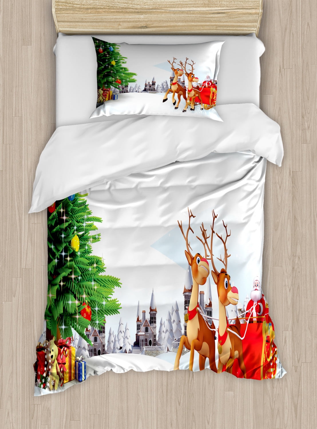 Ambesonne Santa Duvet Cover Set Twin size, Snow Covered Christmas Village with Cartoon Santa on His Sleigh Big Tree and Boxes, Decorative 2 Piece Bedding Set