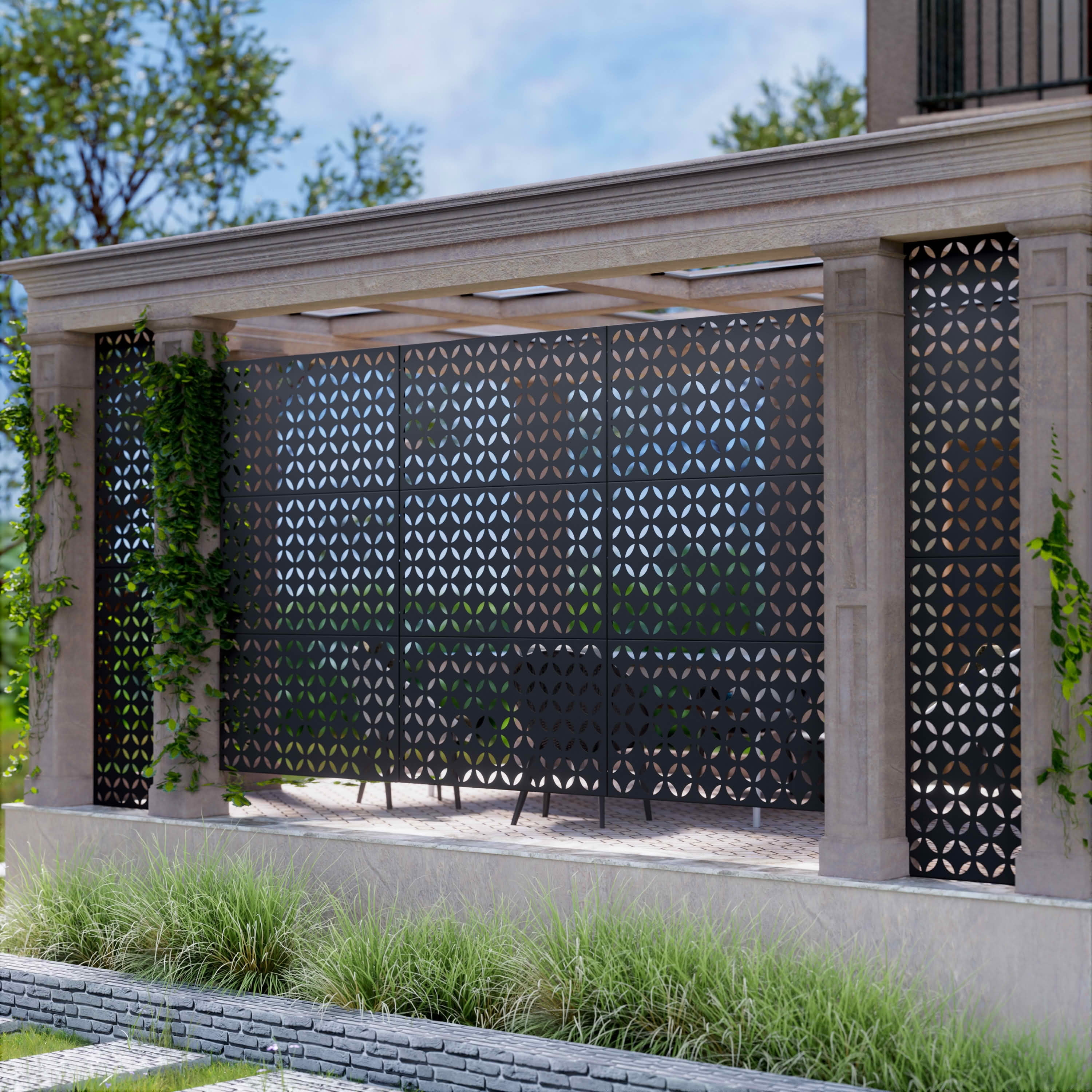 MAYEERTY 72x47x16 Inch Black Coin A-Shaped Galvanized Steel Privacy Screen for Outdoor Patio