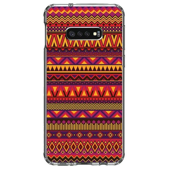 DistinctInk Clear Shockproof Hybrid Case for Samsung Galaxy S10e (5.8" Screen) - TPU Bumper, Acrylic Back, Tempered Glass Screen Protector - Purple Red Yellow Tribal Print