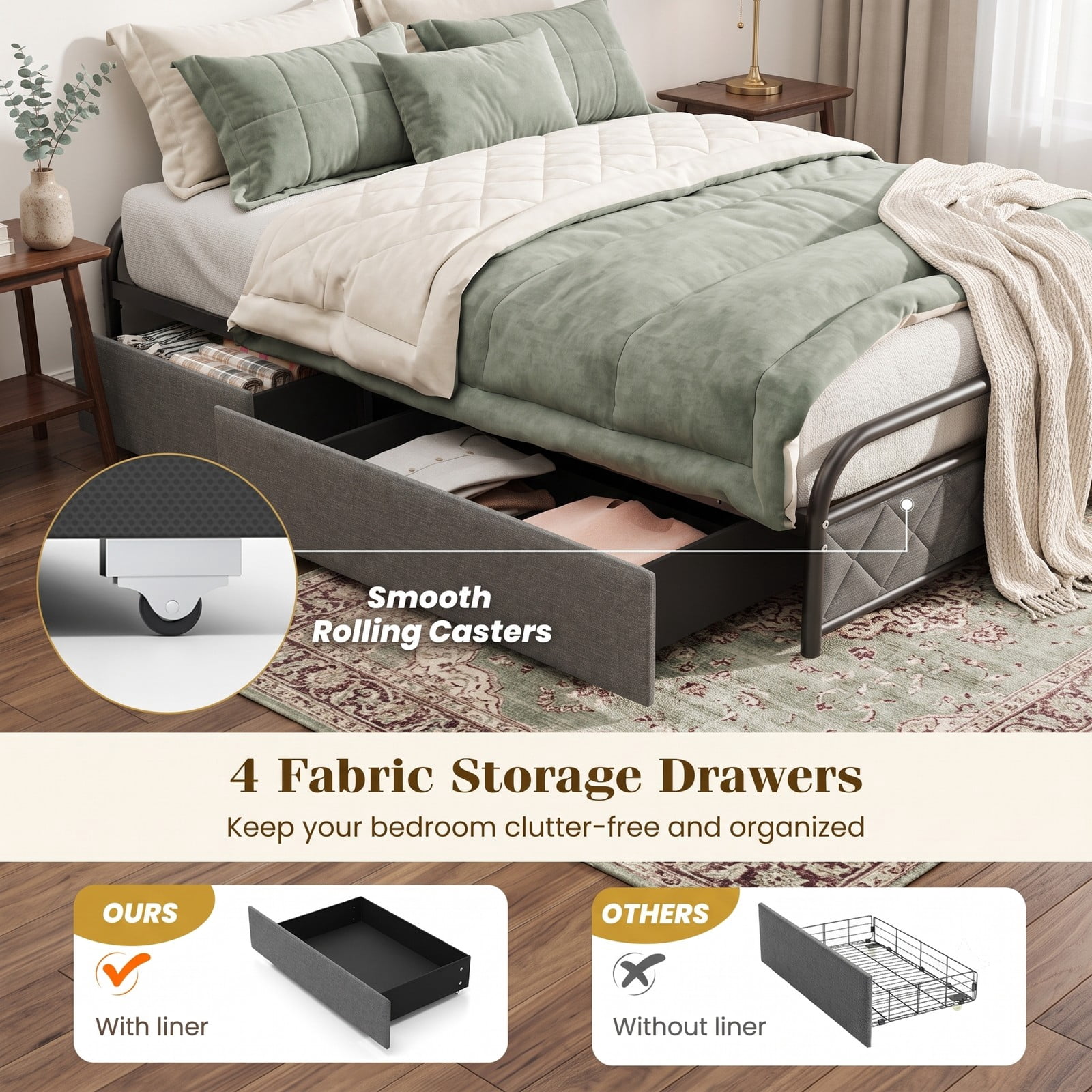 Furnibear Twin Bed Frame Upholstered Platform Bed with Headboard, LED Lights, USB Charging Station and 4 Storage Drawers, Gray