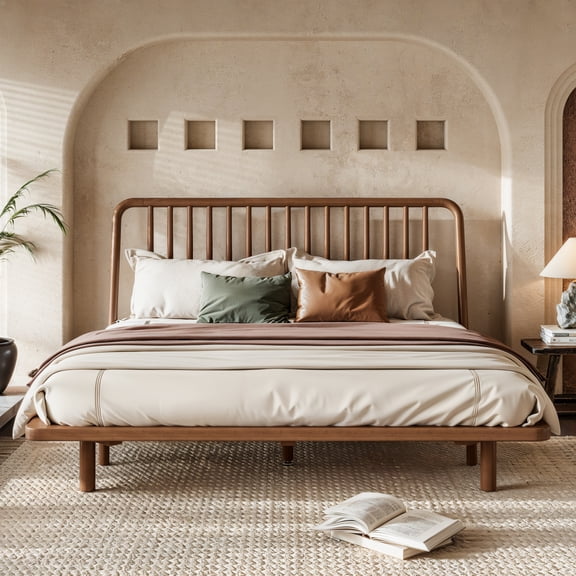 Queen Bamboo Platform Bed with Vertical Slat Slanted Headboard, Solid Bamboo-made Bed Frame with Support Slats,Queen Bed Frame for Bedroom, Guest Rooms, Dorms,Brown