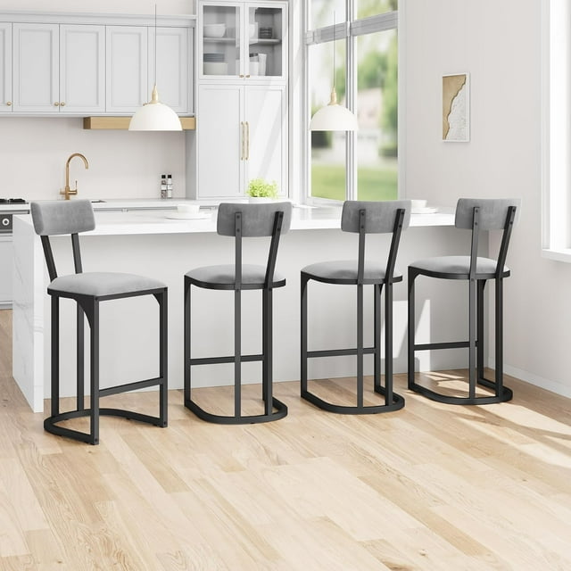 Bar Stools Set of 4, Counter Height Bar Stools, Curved Back with Metal Frame Island Chairs with Upholstered Modern Tall Barstools Counter Stools for Kitchen Dining Room (Gray)