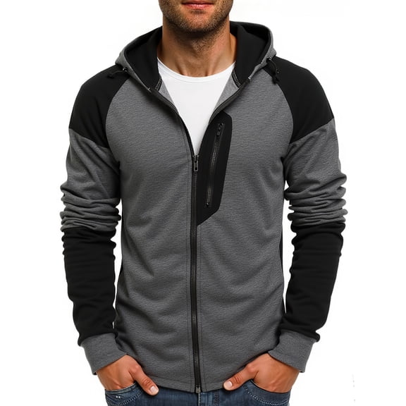 USNSM Men's Hoodies Lightweight Fleece Lined Sweatshirt Long Sleeve Sportwear Casual Patchwork Track Jackets Pockets Gray S