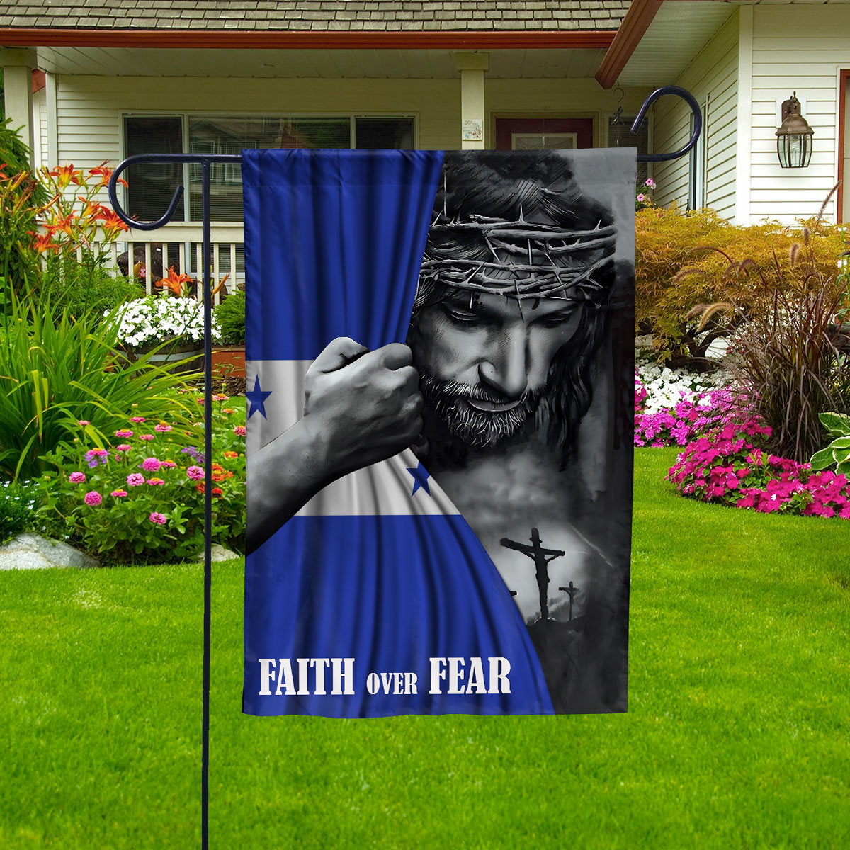 Christian Flags,Faith Over Fear Flag Christian Honduran Honduras With Jesus for Outside House Flag, Double-Sided Decorative Outdoor Flag, Polyester Yard Flag 29.5 x 39.5 in