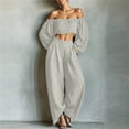 thumbnail image 2 of Women's 2 Piece Outfits Sweatsuits off the Shoulder Crop Top Wide Leg Sweatpants Casual Matching Sets Gray S(S), 2 of 5
