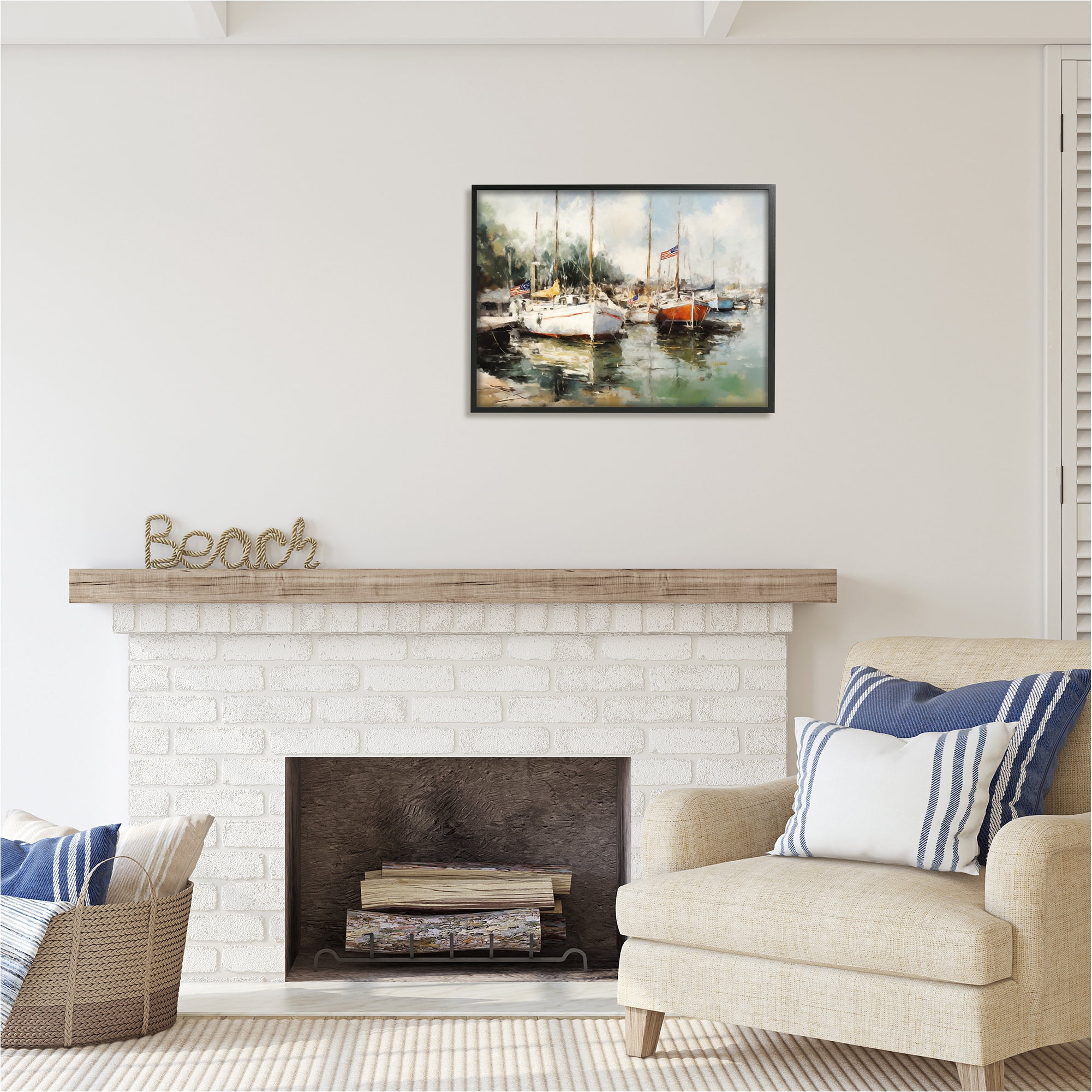 Stupell Industries Americana Boat Harbor Transportation Painting Black Framed Art Print Wall Art, 30 x 24