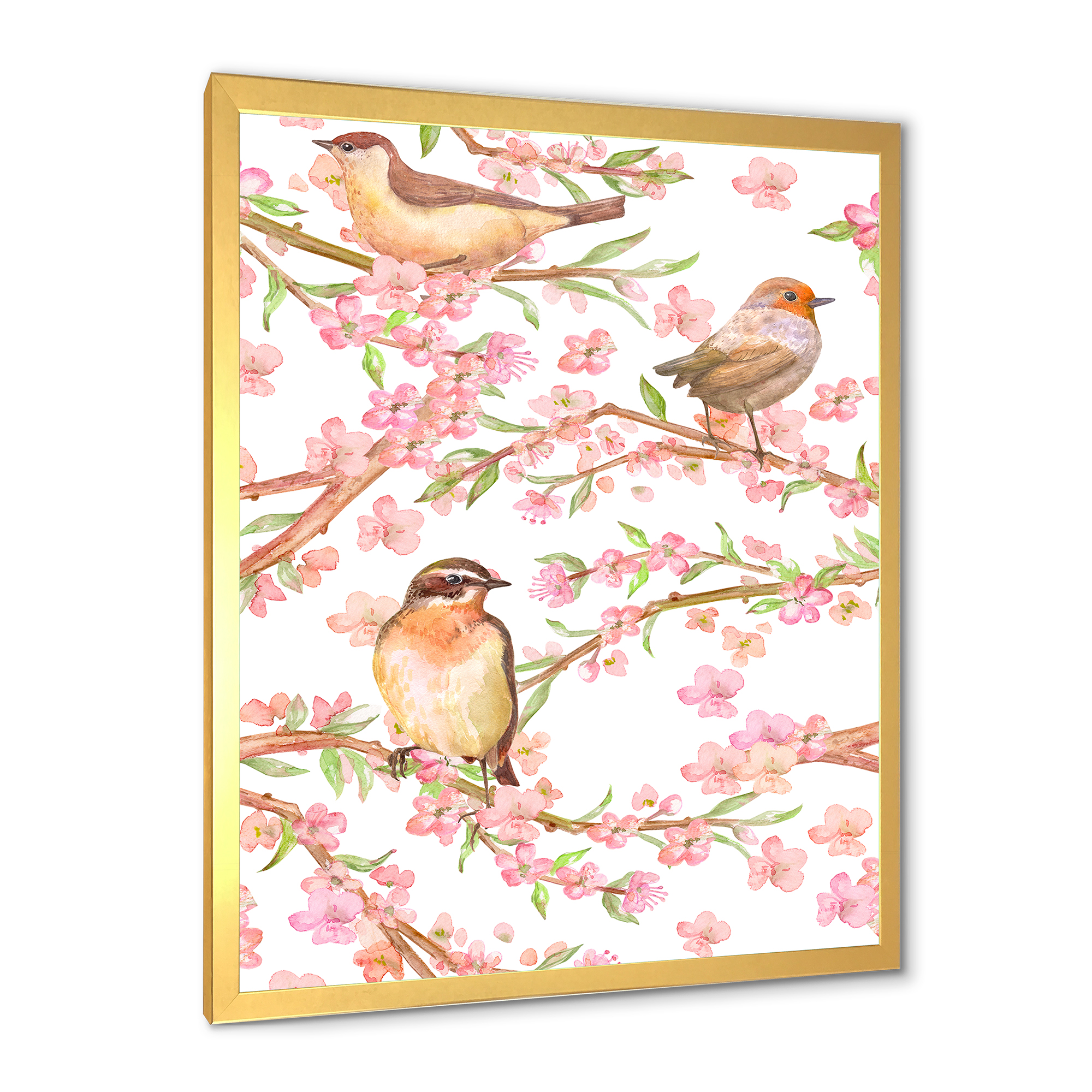 Lovely Birds On Branches Of Flowering Almond 16 in x 32 in Framed Painting Canvas Art Print, by Designart