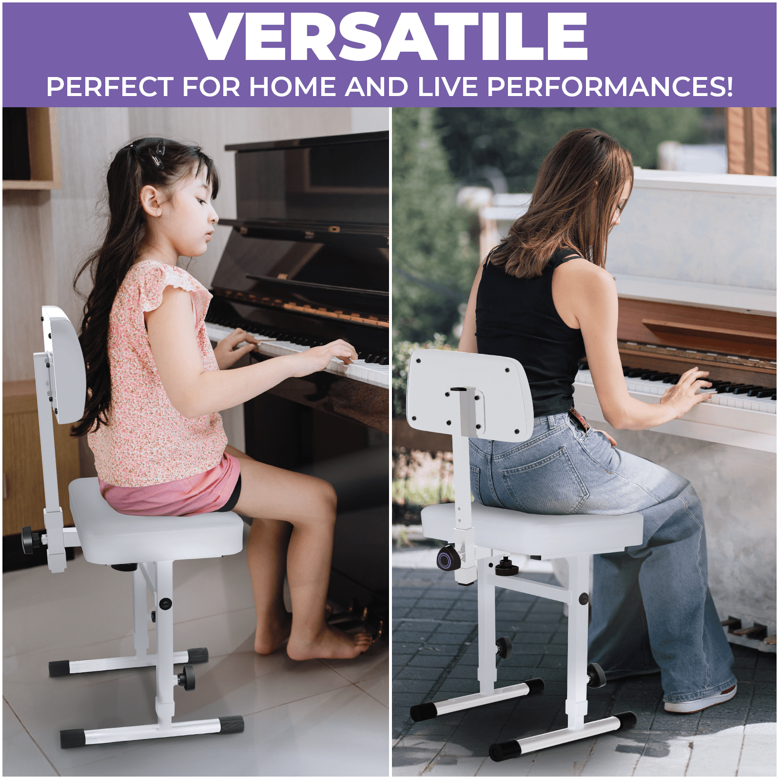 Liquid Stands White Adjustable Piano Bench with Backrest – Music Keyboard Bench Seat for Digital & Electric Pianos - Musicians Stylish Seating, Comfortable, Sturdy, Padded Cushion - Piano Stool Chair