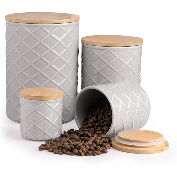Ceramic Canisters Sets for Kitchen Countertop, Relief Food Storage Jar with Bamboo Lid, Stackable Container for Flour, Coffee, Pasta, Cereal, Tea, Cookies, Sugar, Spices, Pack of 4 (Gray)