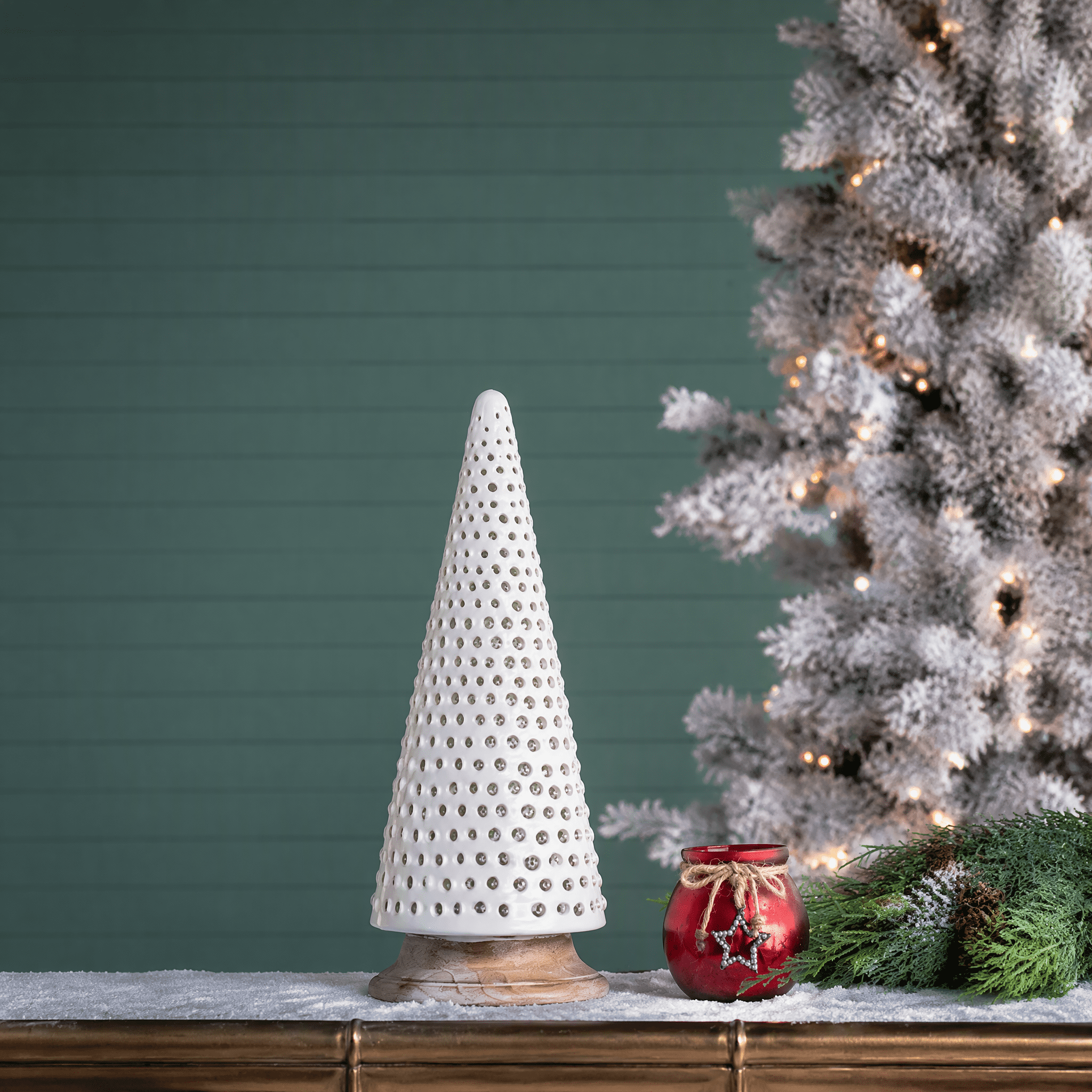 Shimmery Cream Glass Tabletop Christmas Tree 18 Inch with Wood Base Holiday Decor